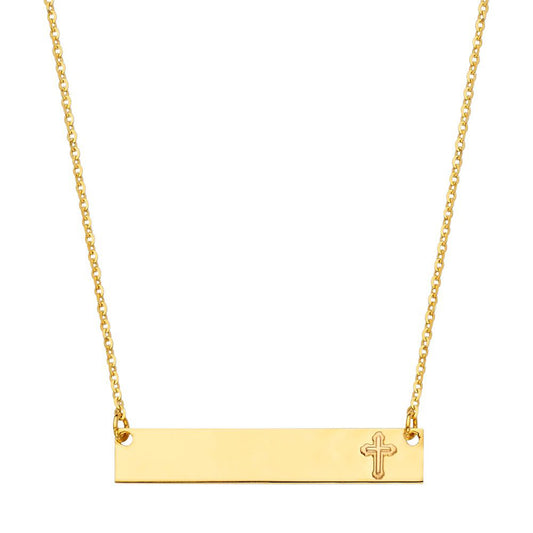 ID Bar Pendant with Traditional Cross Accent Necklace in 14k Yellow Gold