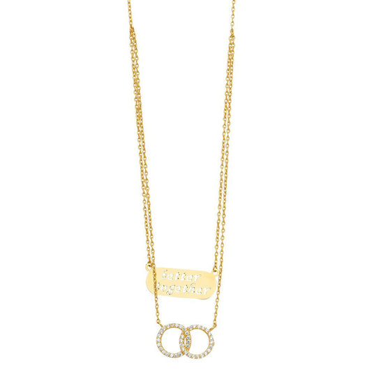 Interlocked Union Rings Cubic Zirconia Layered Necklace with "Better Together" Bar in 14k Yellow Gold