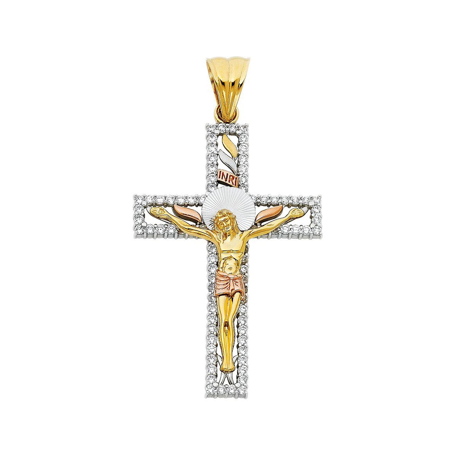 INRI Crucifix Cut-out Cubic Zirconia Pendant in 14k Tri Color Gold