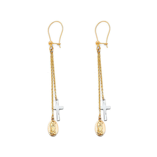 Virgin Mary & Cross Dangle Earrings in 14k Two Tone Gold