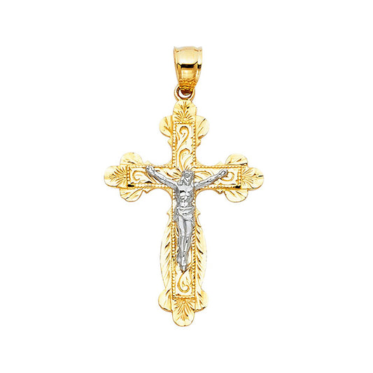 Vine design Radiant Crucifix Pendant 14k Two Tone Gold