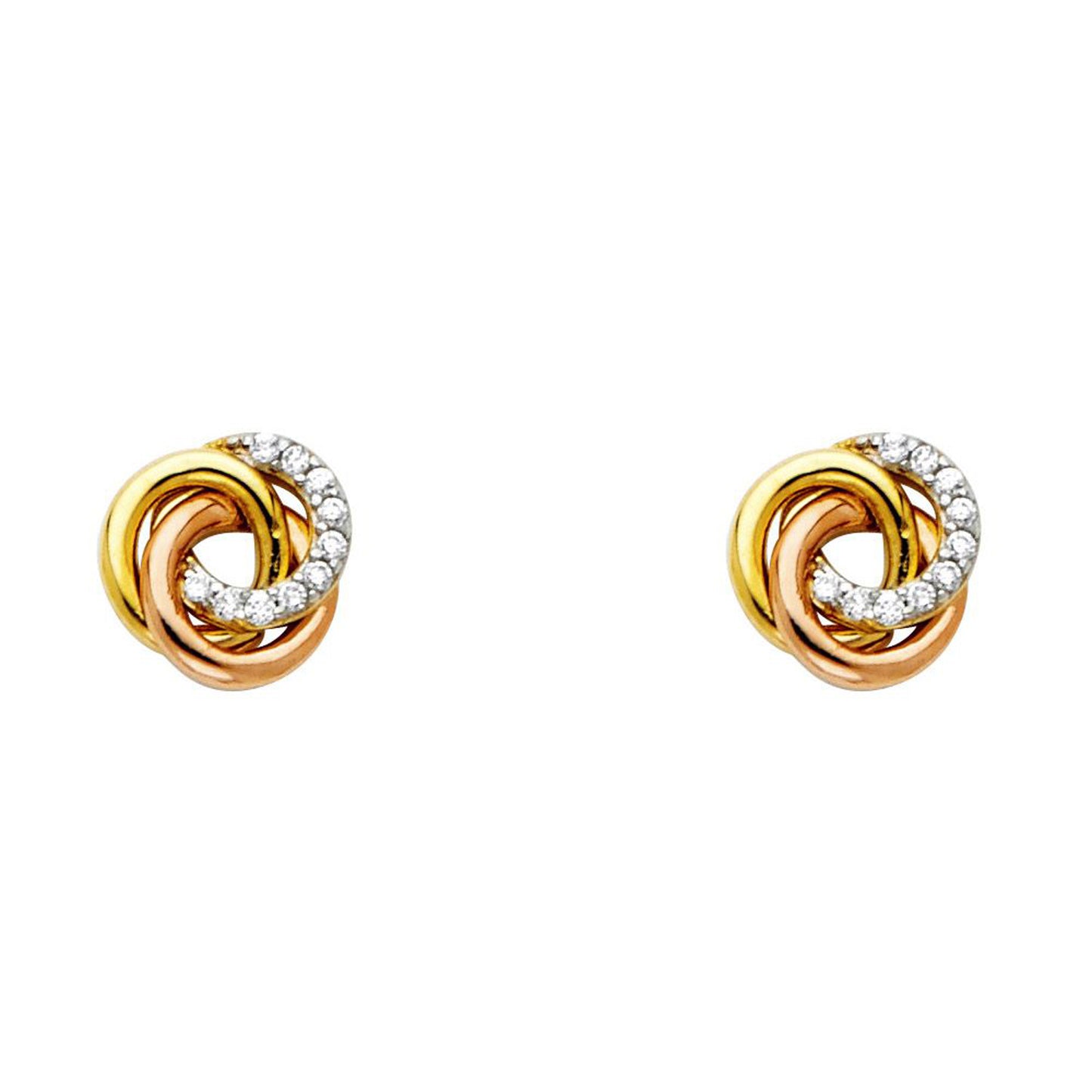 Love Knot Cubic Zirconia Stud Earrings in 14k Tri Color Gold