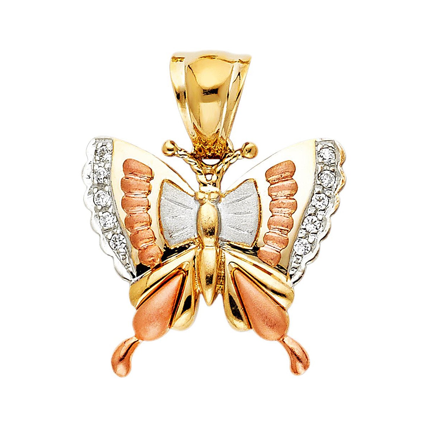 Monarch Butterfly Cubic Zirconia Pendant in 14k Tri Color Gold