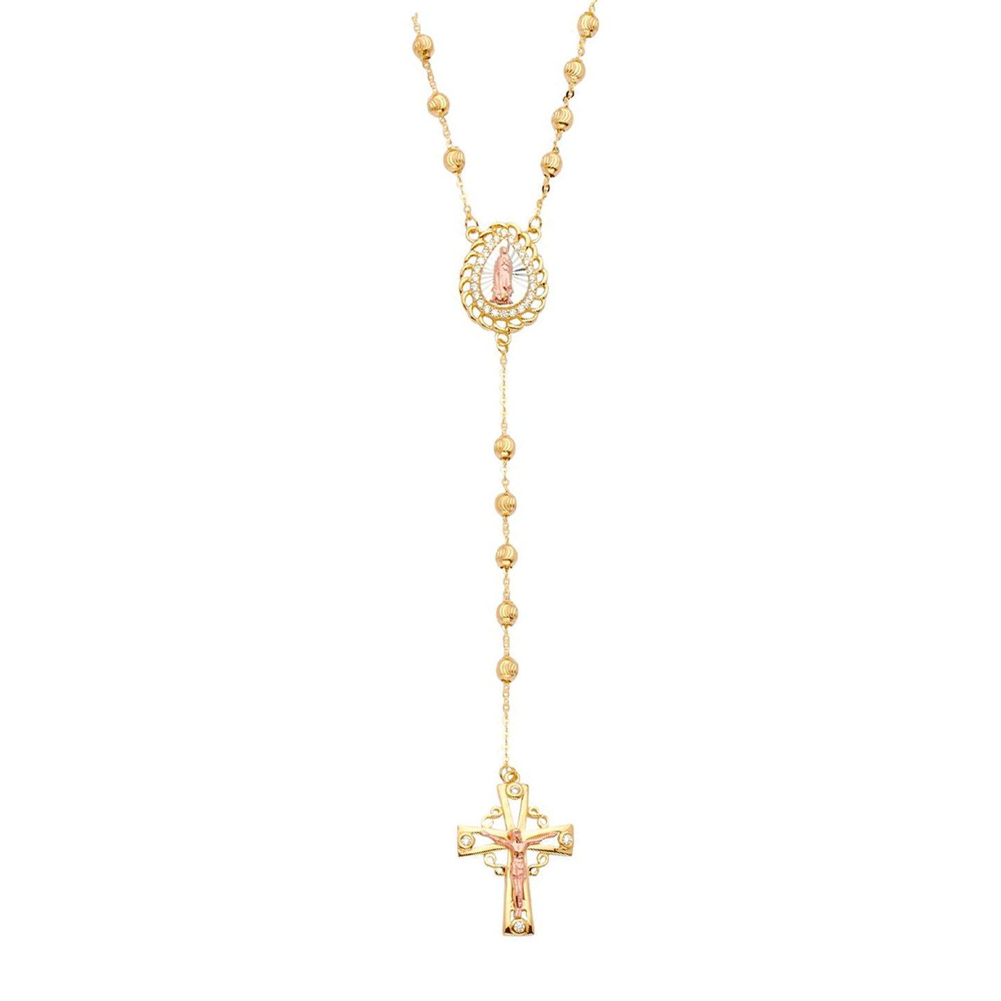 High Cross Catholic Rosary with Our Lady of Guadalupe Necklace in 14k Two Tone Gold