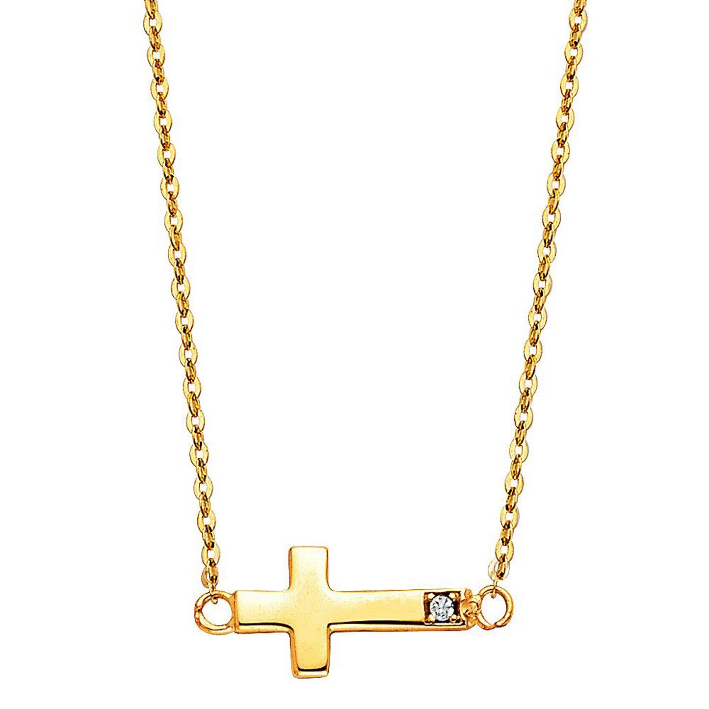 Small Sideway Simple Cross Pendant Necklace with Cubic Zirconia Accent in 14k Gold