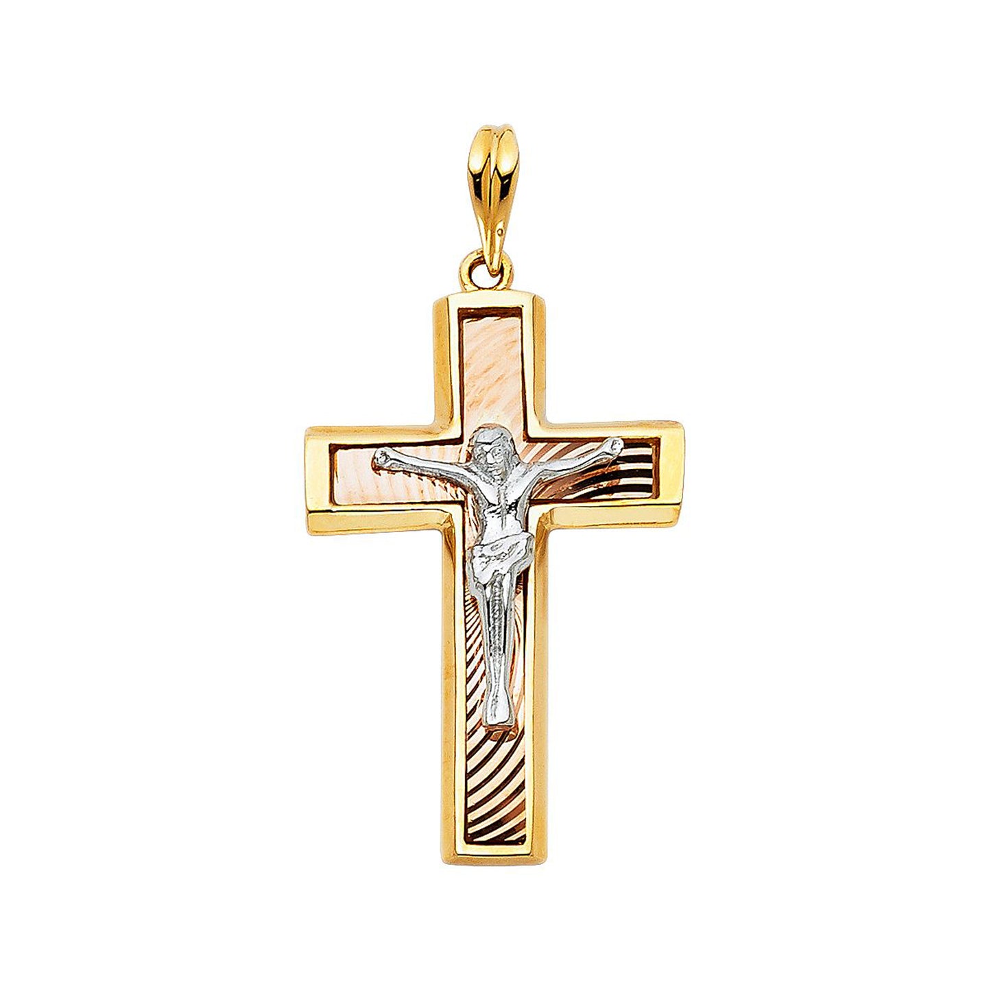 Hammered Design Crucifix Pendant 14k Three Tone Gold