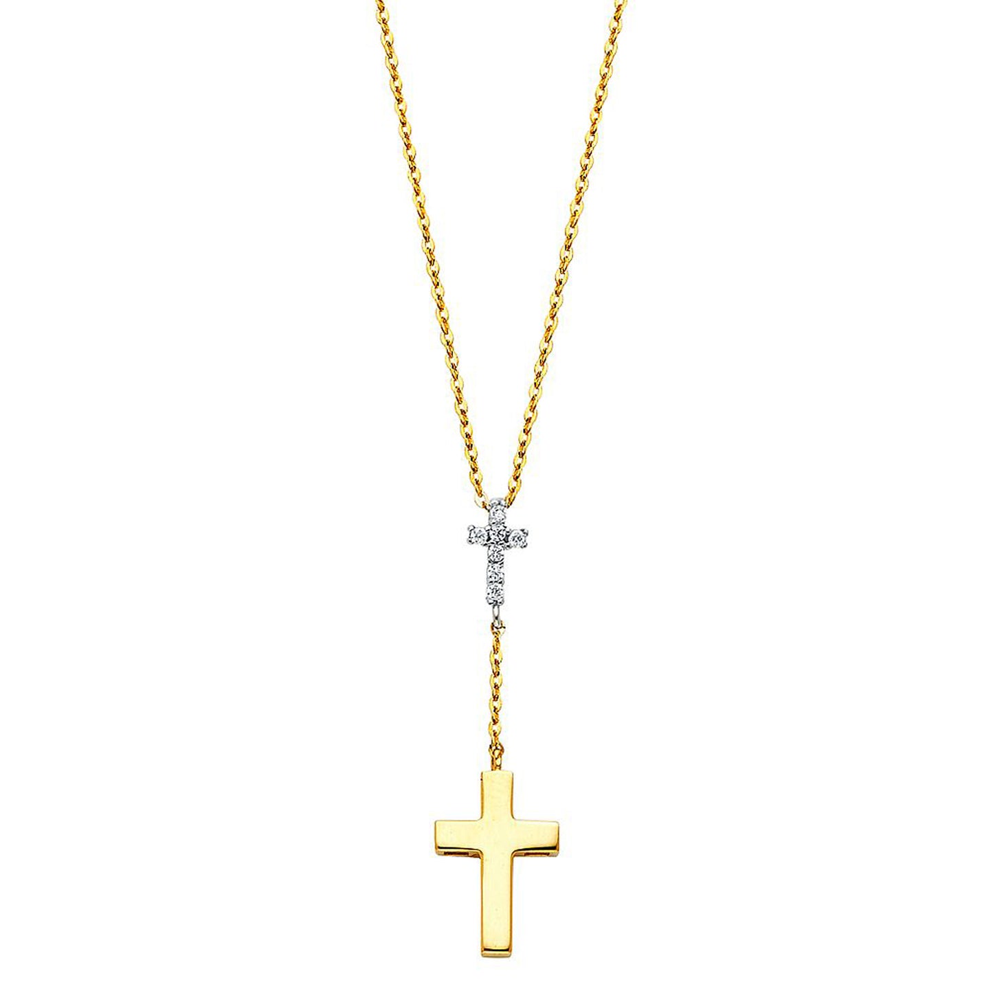 Two Cross Pendant Necklace with Cubic Zirconia Accent in 14k Two Tone Gold