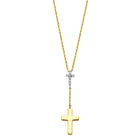 Two Cross Pendant Necklace with Cubic Zirconia Accent in 14k Two Tone Gold