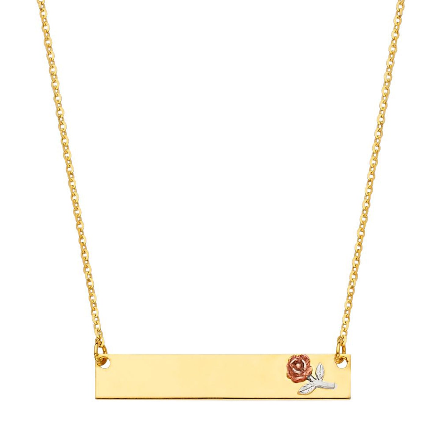 ID Bar Pendant with Rose Accent Necklace in 14k Yellow Gold