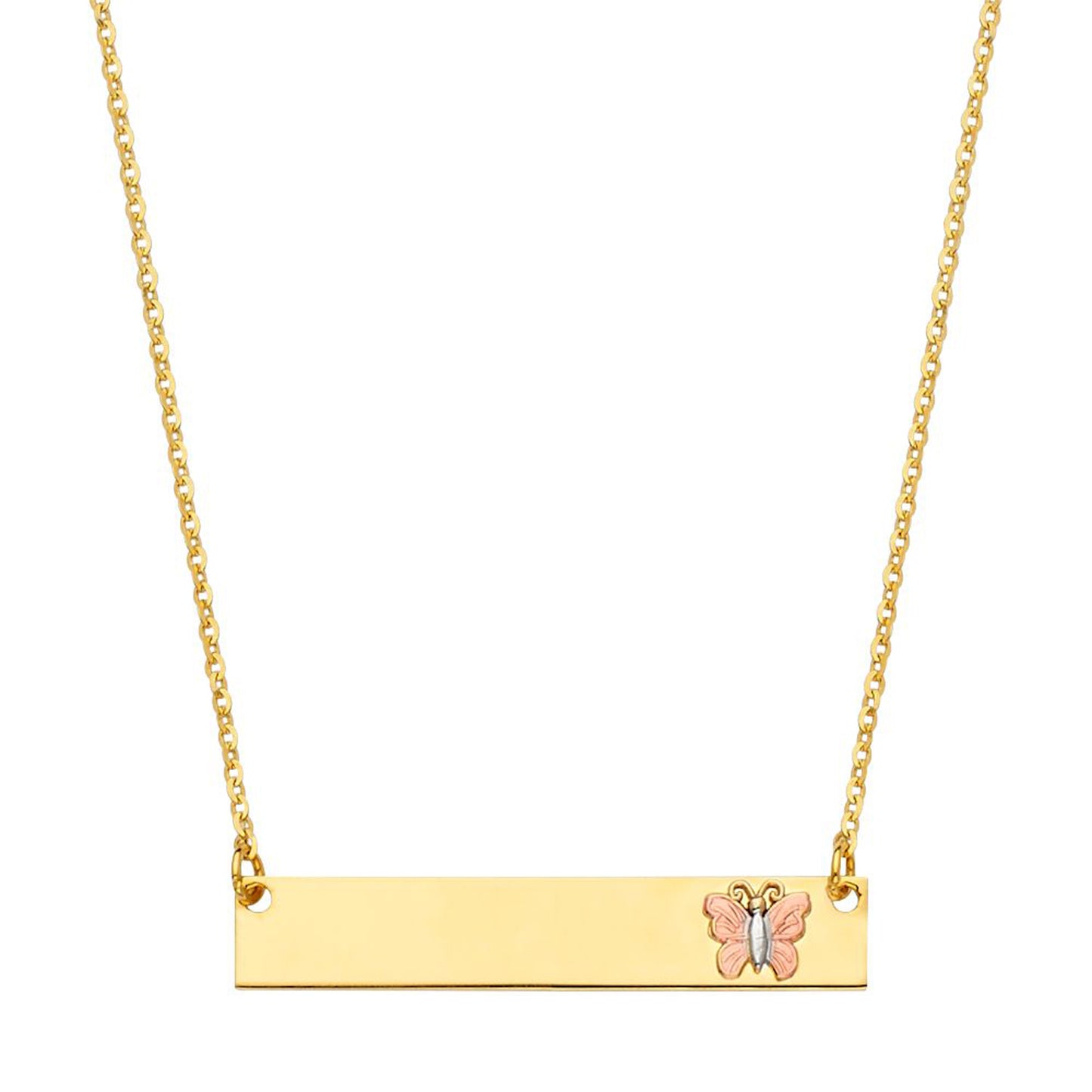 ID Bar Pendant with Butterfly Accent Necklace in 14k Yellow Gold