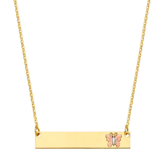 ID Bar Pendant with Butterfly Accent Necklace in 14k Yellow Gold