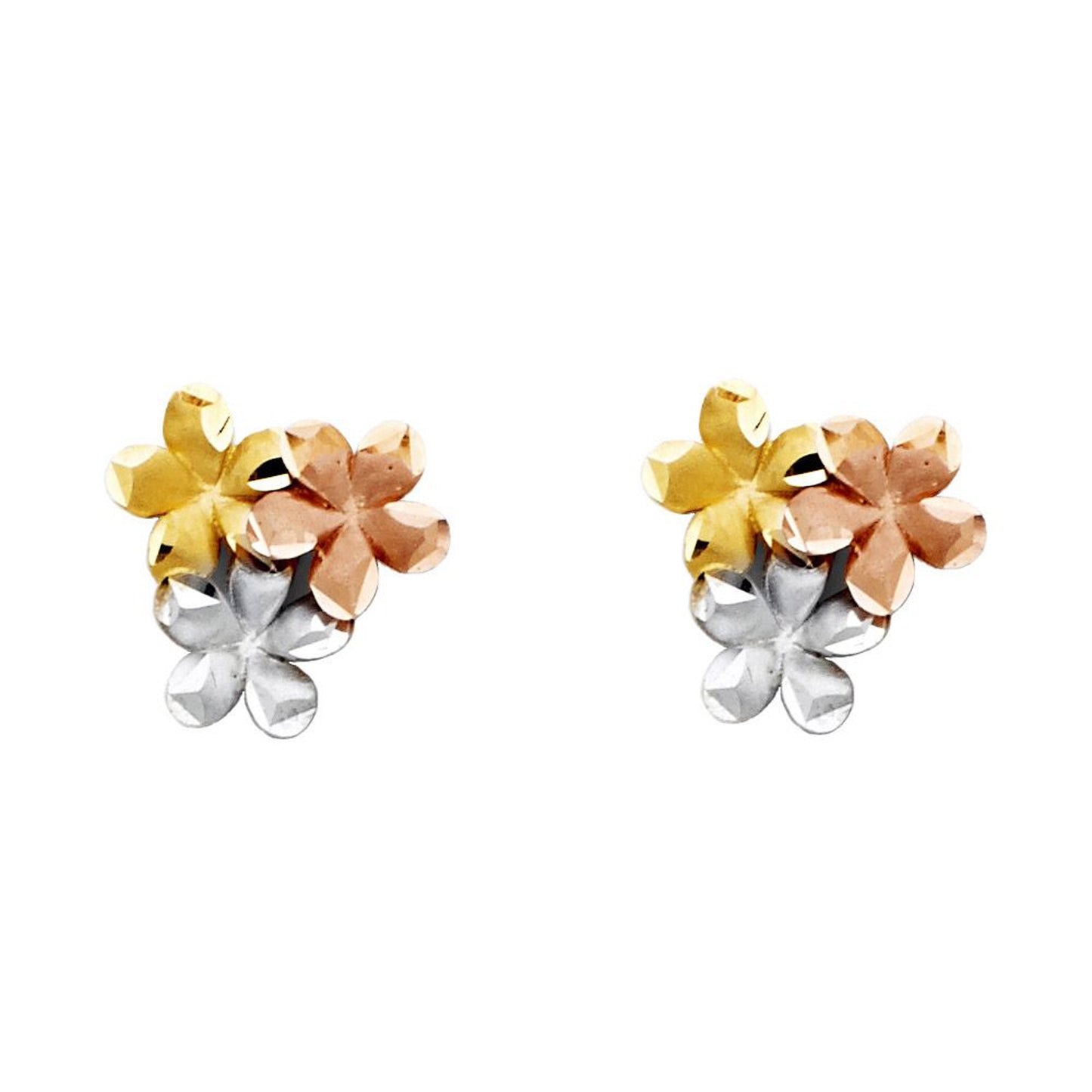 Stacked Plumeria Flower Stud Earrings in 14k Tri Color Gold