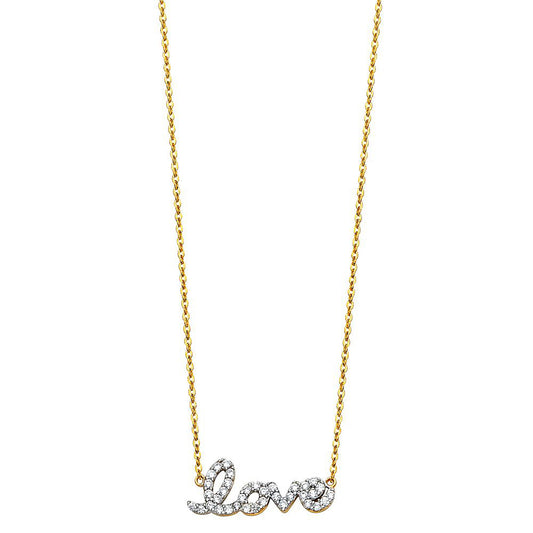 Scripted Love Pendant Necklace Micropave Cubic Zirconia in 14k Two Tone Gold