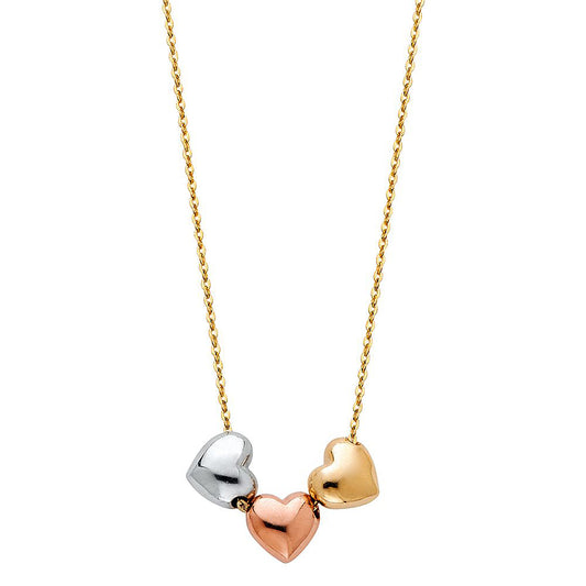 Three Puffed Hearts Pendant Necklace in 14k Three Tone Gold