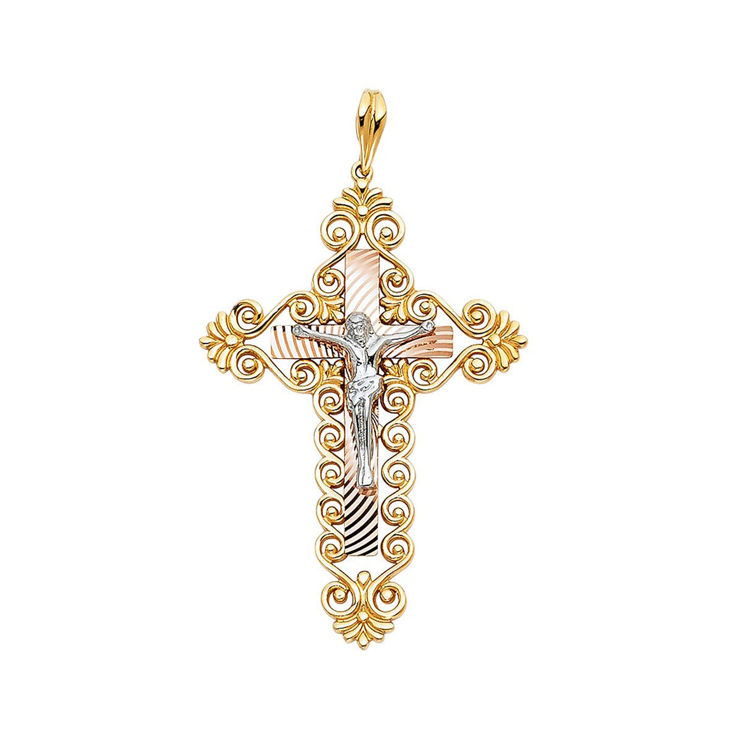 Scroll Heart Crucifix Cross Pendant in 14k Three Tone Gold