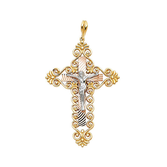 Scroll Heart Crucifix Cross Pendant in 14k Three Tone Gold