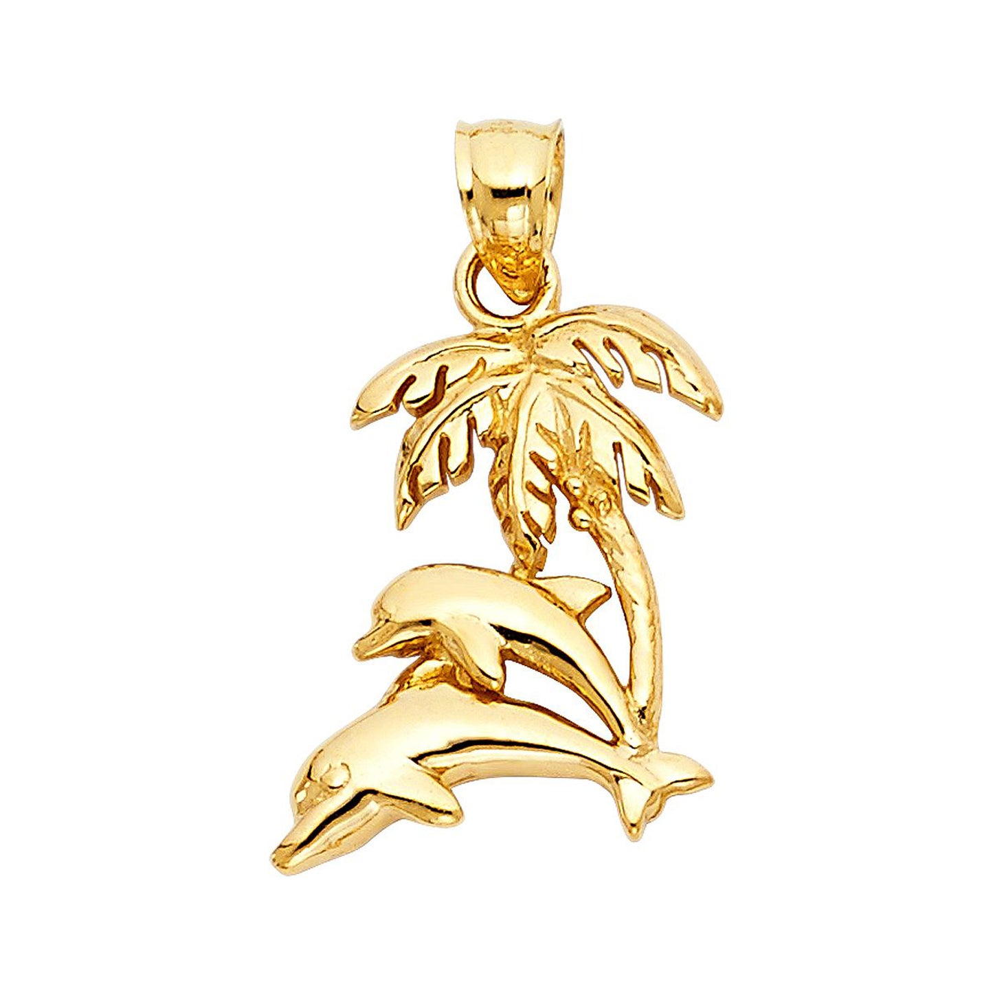 Two Dolphins Palm Tree Pendant in 14k Yellow Gold