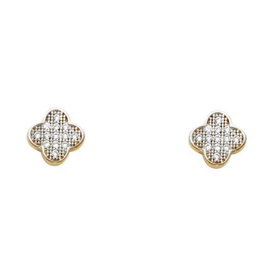 Micropave Cubic Zirconia Flower Stud Earrings in 14k Two Tone Gold