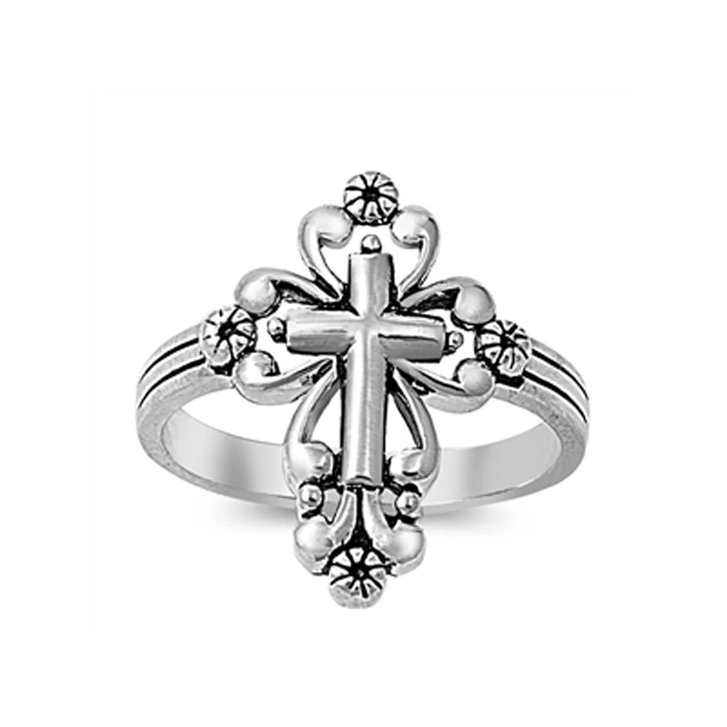 Scroll Hearts Cross Filigree Ring in Sterling Silver