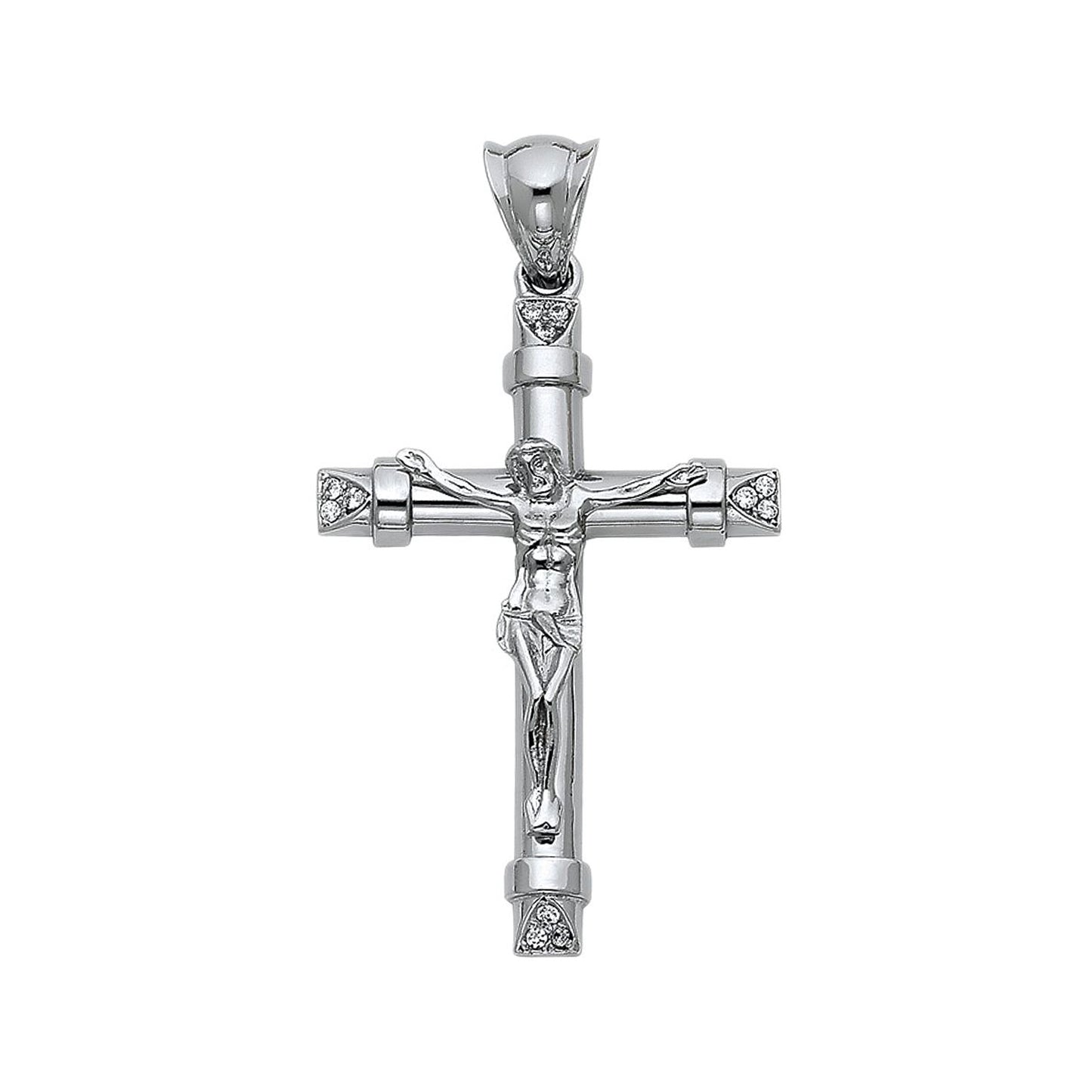 Tubular Crucifix Cubic Zirconia Pendant in 14k White Gold