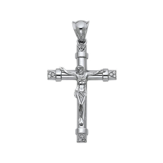 Tubular Crucifix Cubic Zirconia Pendant in 14k White Gold