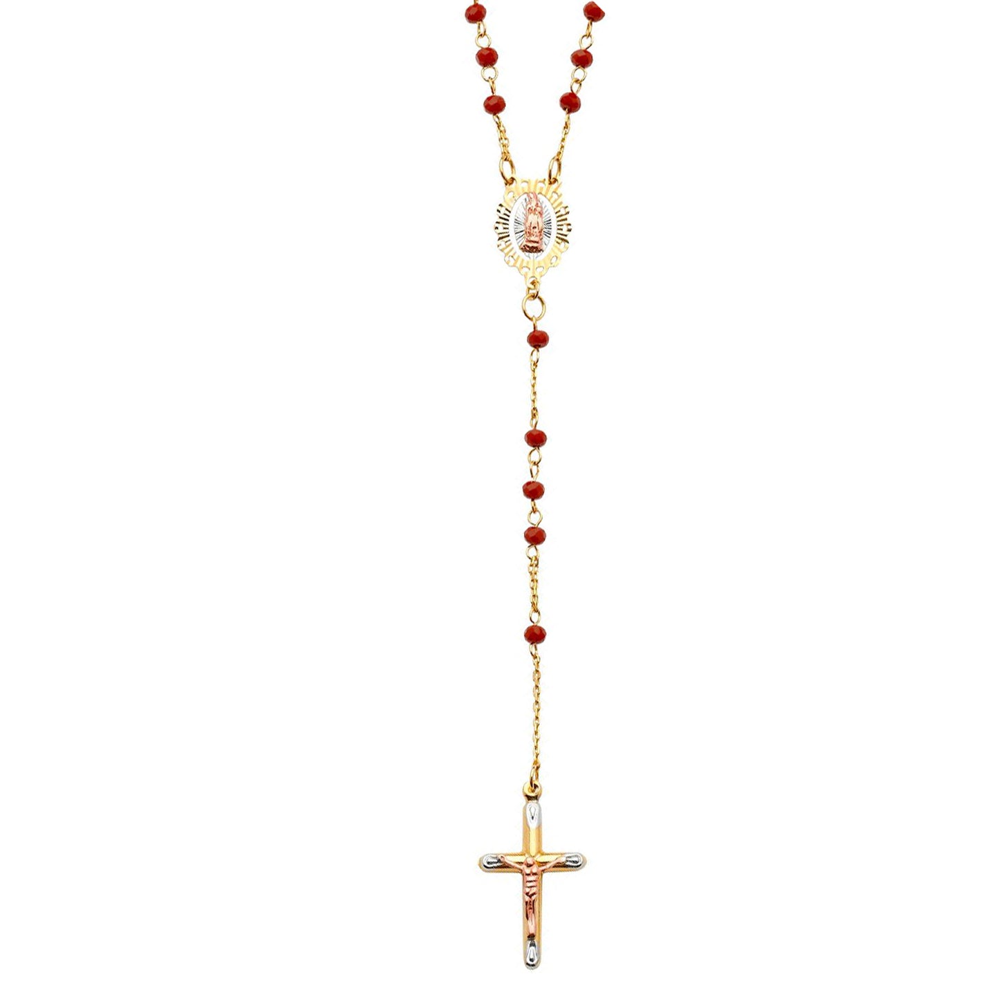 Colored Beads Catholic Rosary Necklace in 14k Three Tone Gold