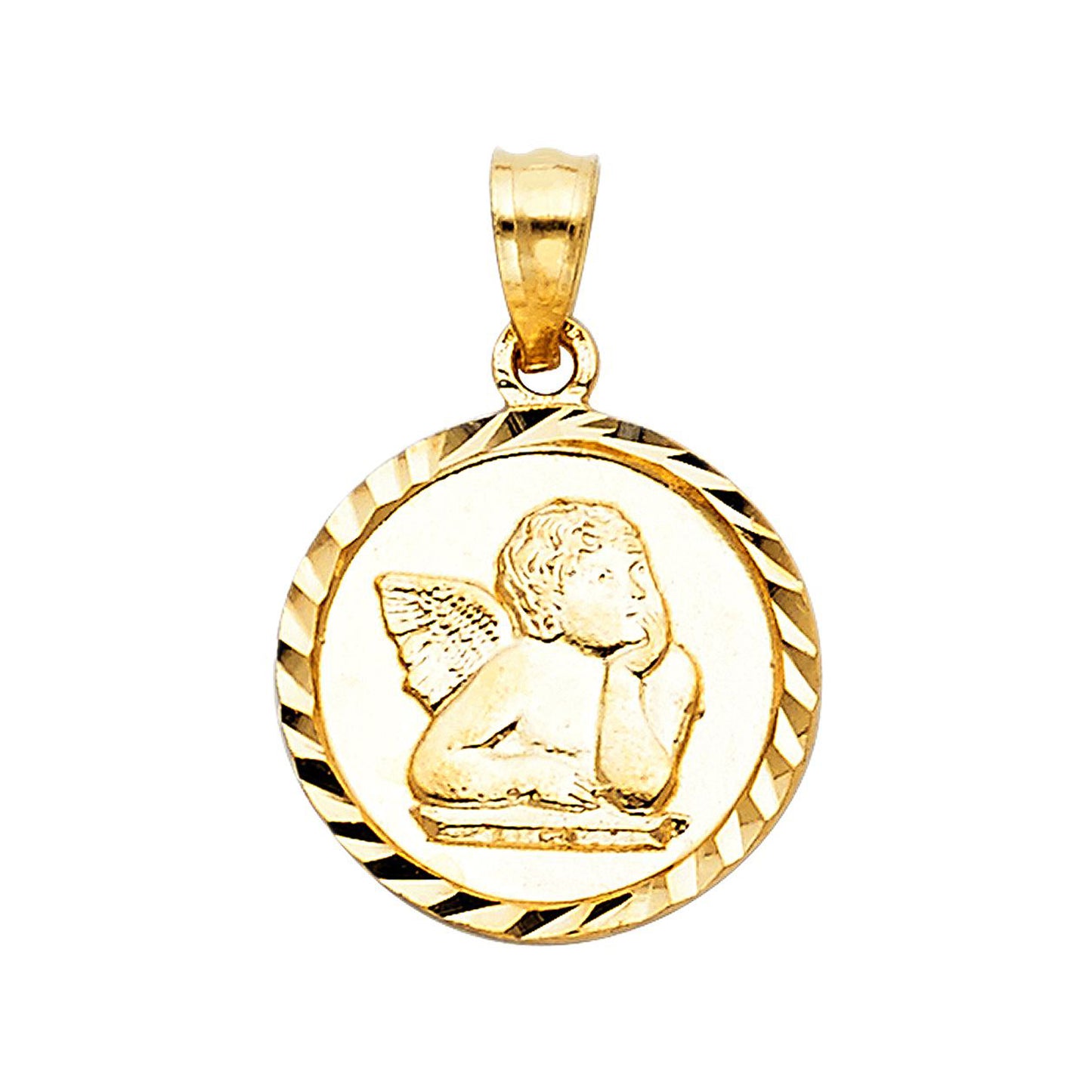 Thinking Angel Hammered Finish Circle Pendant in 14k Yellow Gold