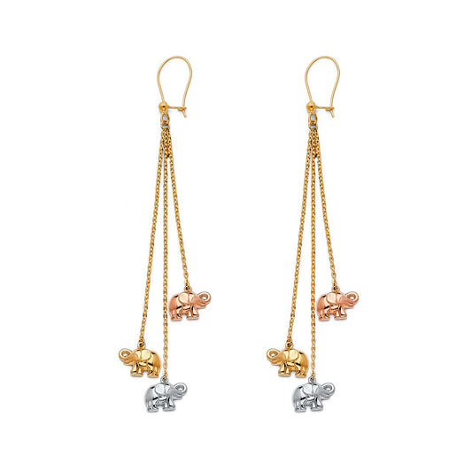 Three Mini Elephants Dangle Earrings in 14k Three Tone Gold