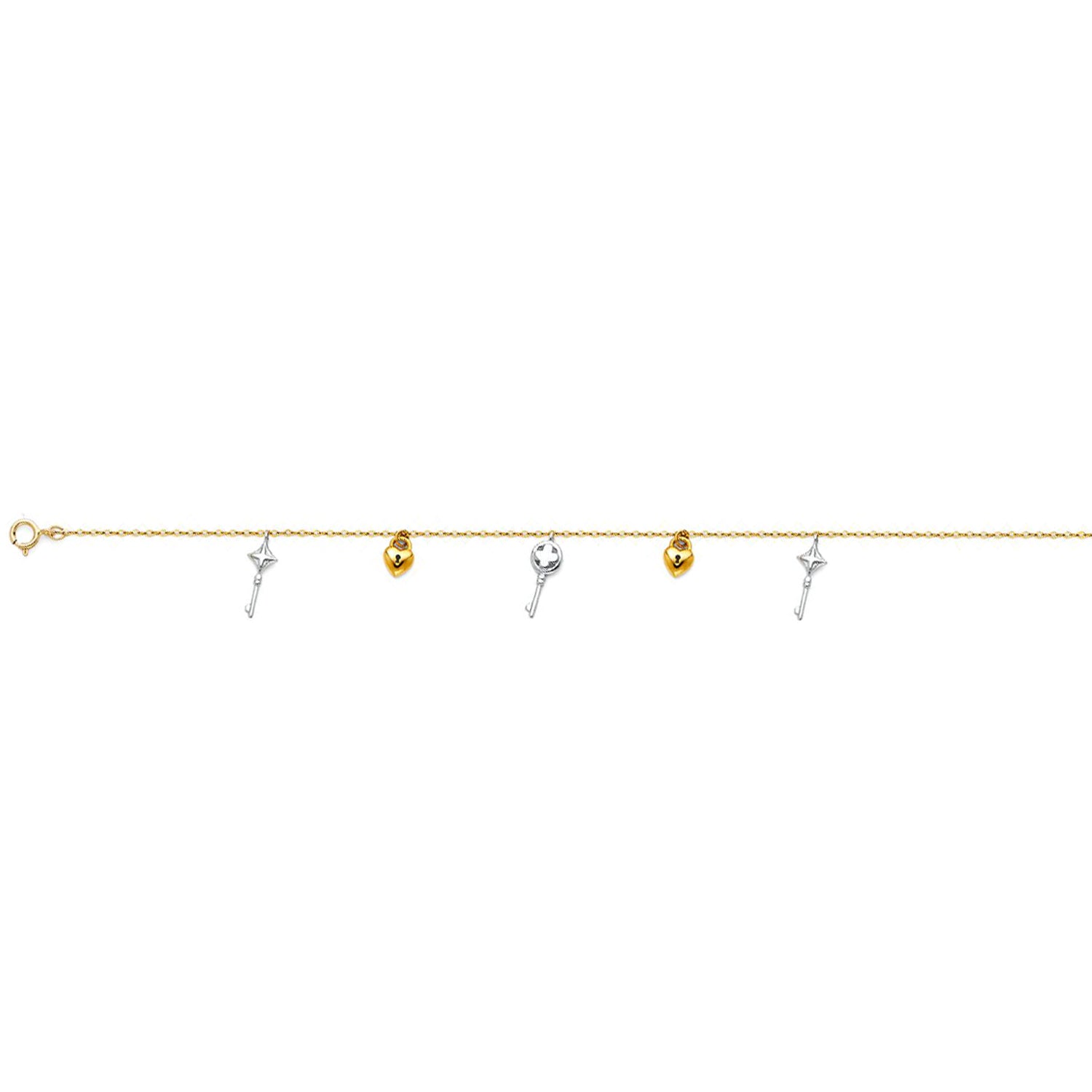 Cross Key & Heart Charms Anklet in 14k Yellow Gold