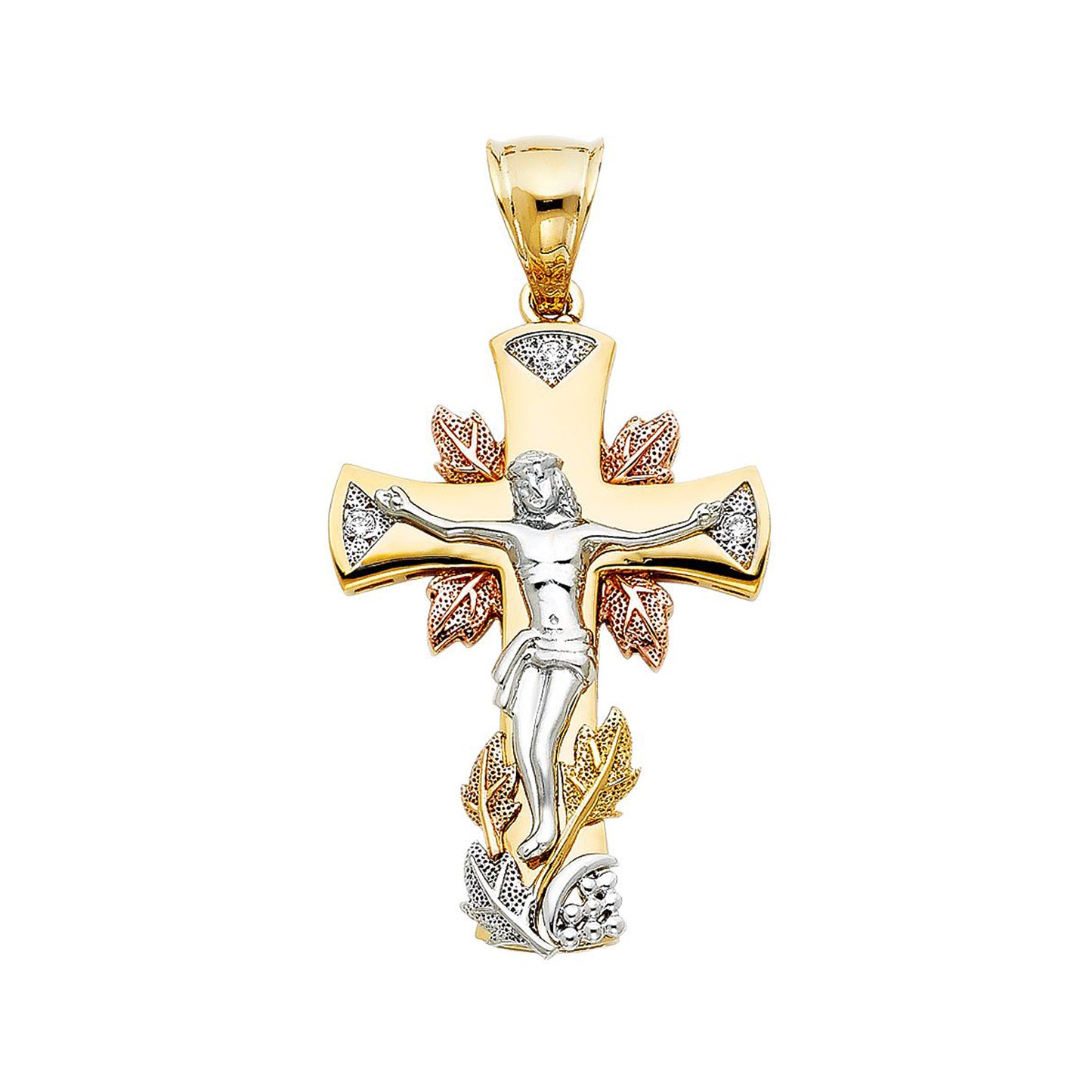 Crucifix with Leaves Cubic Zirconia Pendant in 14k Tri Color Gold