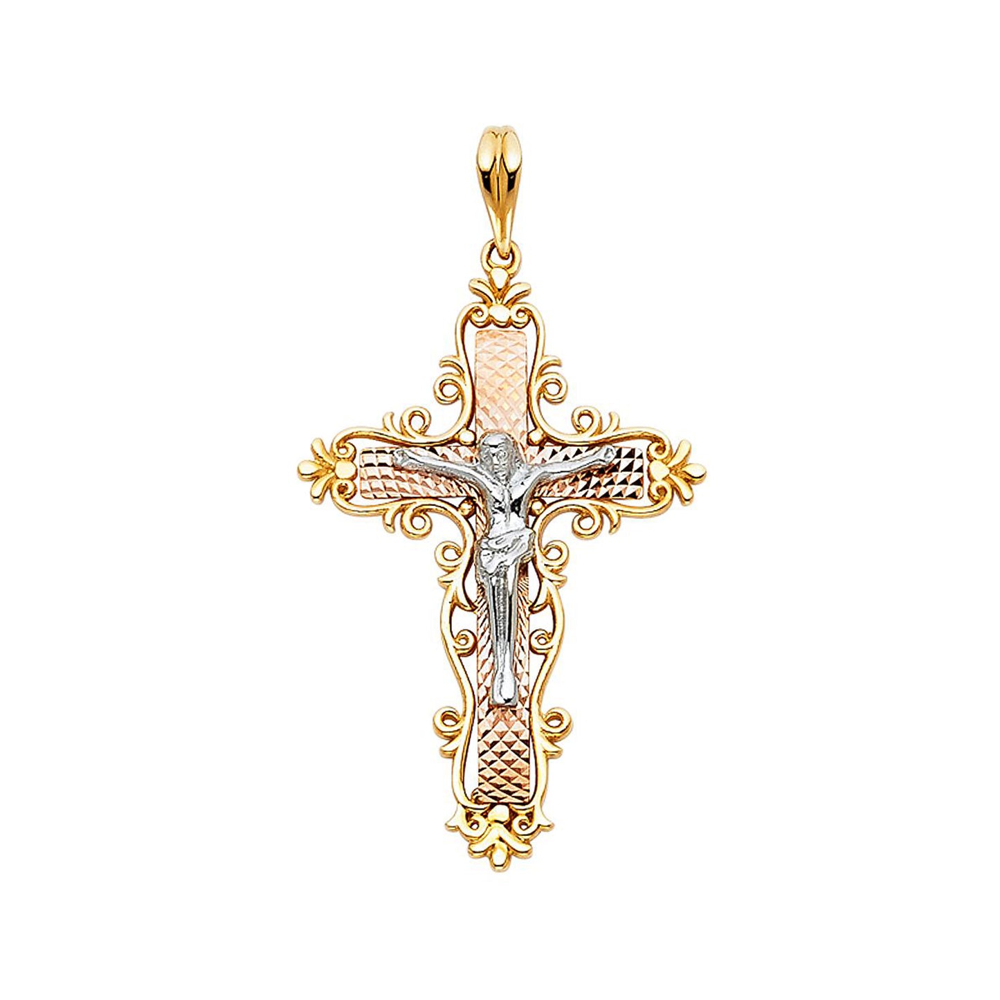 Fleur-de-lis Inspired Crucifix Cross Pendant 14k Three Tone Gold