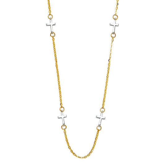 Linked Plain Cross Necklace in 14k Two Tone Gold