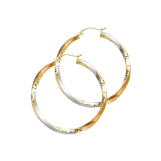 Greek Inspired Hoop Earrings in 14k Three Tone Gold