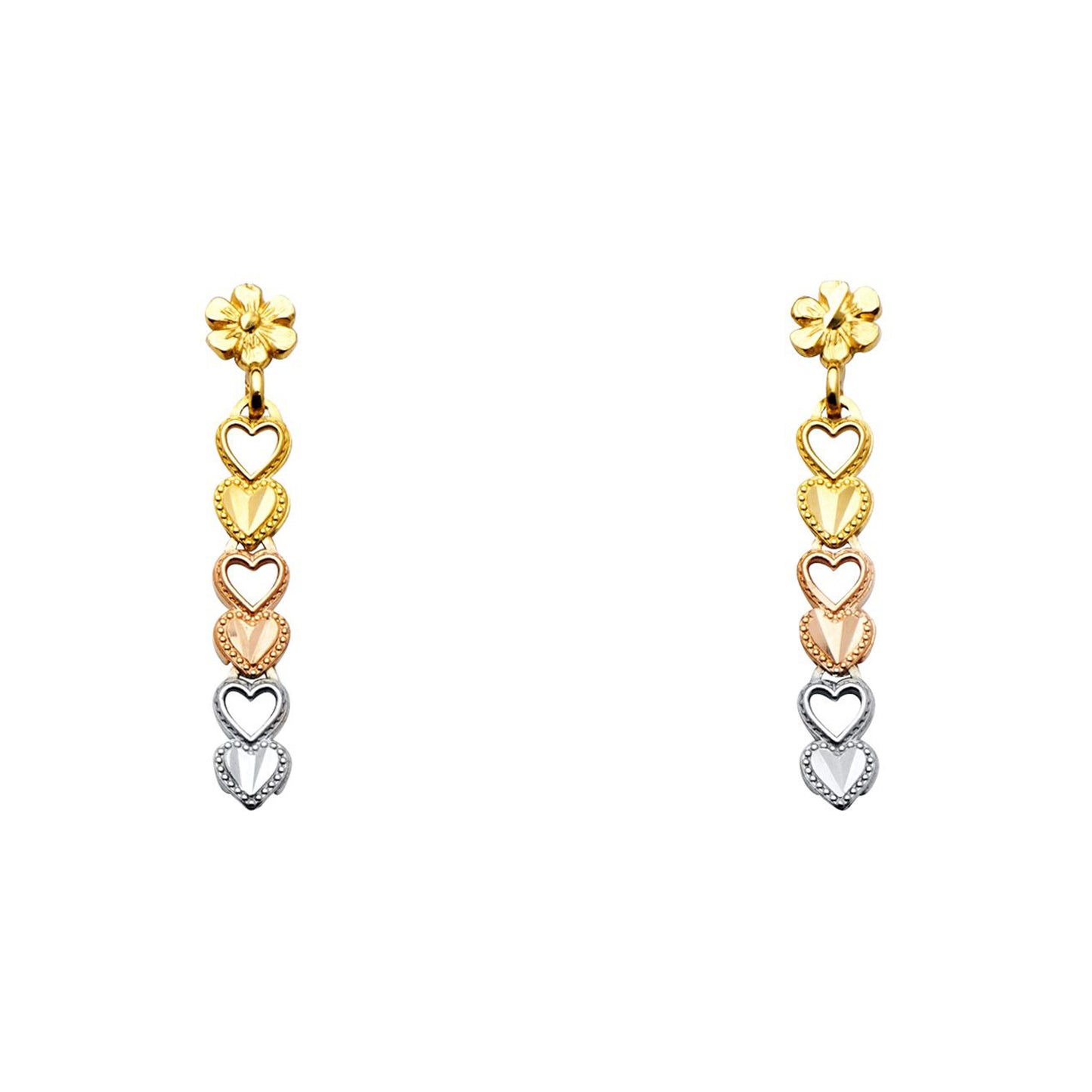 Stacked Hearts Floral Dangle Earrings in 14k Three Tone Gold