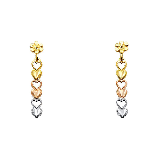 Stacked Hearts Floral Dangle Earrings in 14k Three Tone Gold