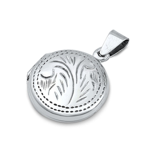 Small Floral Vine Design Round Picture Locket Pendant in Sterling Silver