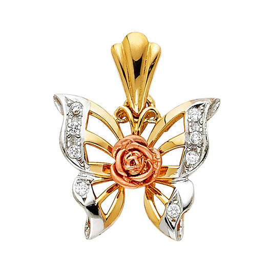 Cubic Zirconia Butterfly with Rose Accent Pendant in 14k Tri Color Gold