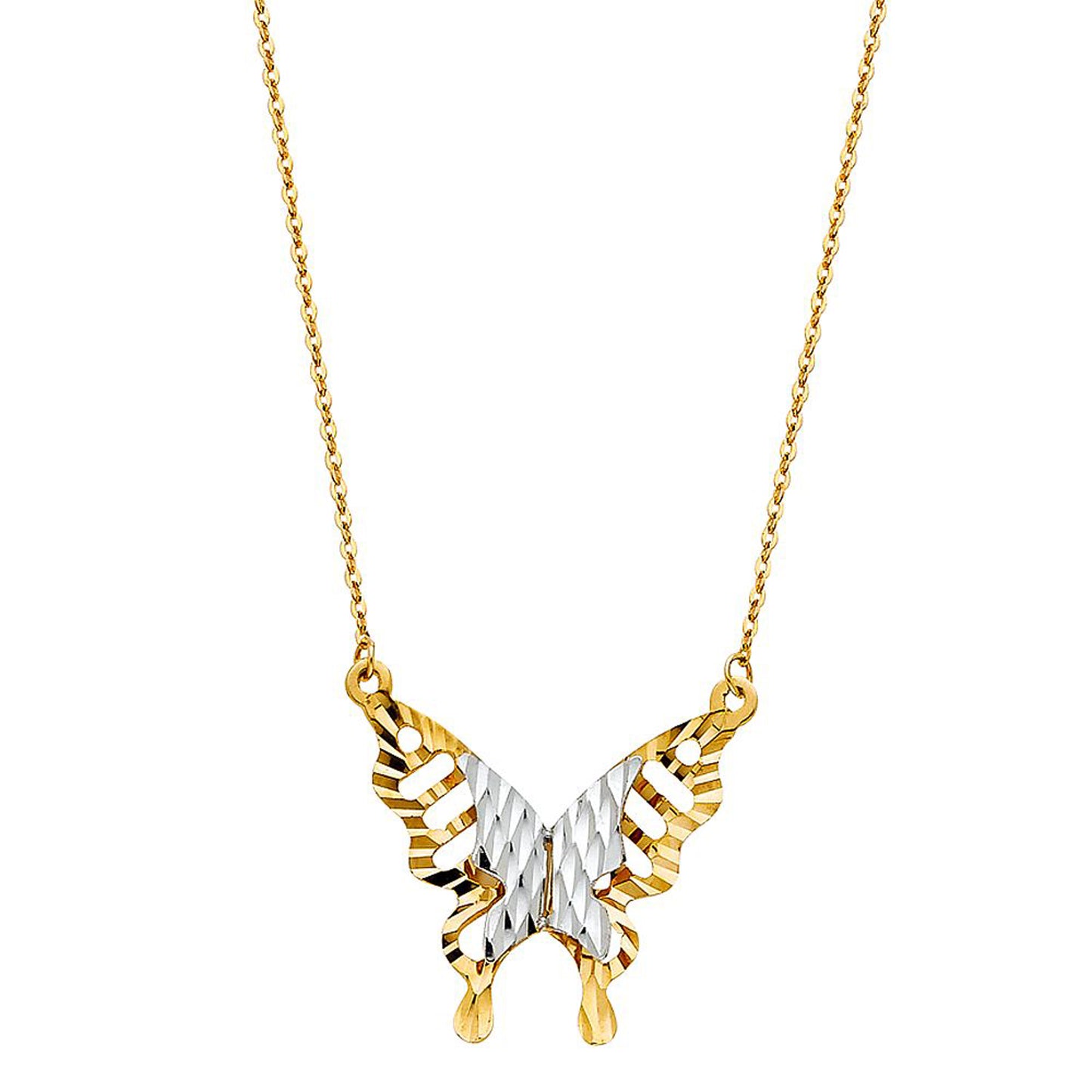 Diamond-cut Filigree Monarch Butterfly Pendant Necklace in 14k Two Tone Gold