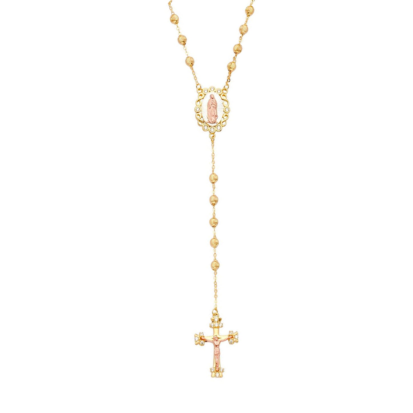 Budded Cross Catholic Rosary with Virgin Mary Necklace in 14k Two Tone Gold