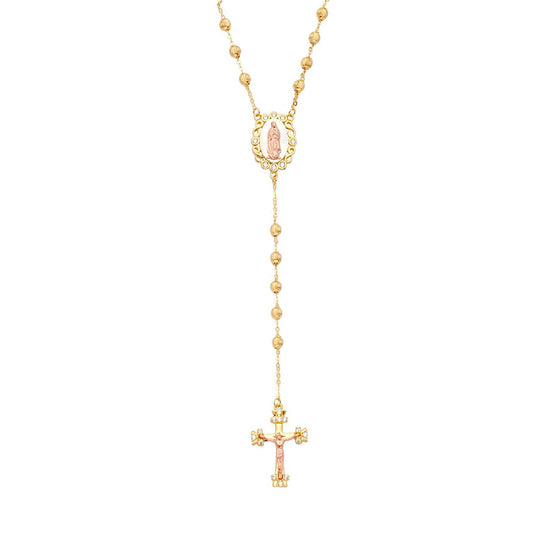 Budded Cross Catholic Rosary with Virgin Mary Necklace in 14k Two Tone Gold