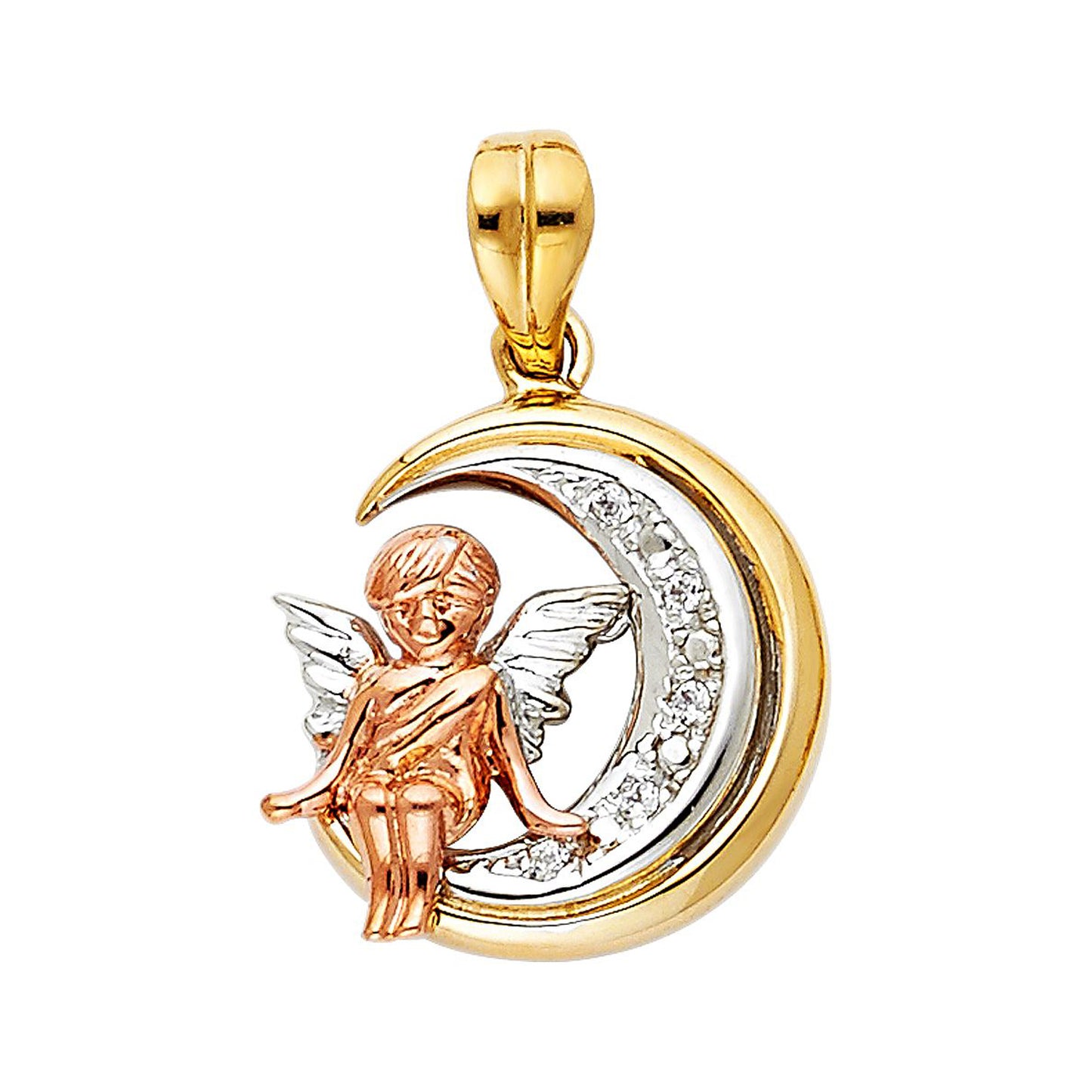 Angel on the Moon Cubic Zirconia Pendant in 14k Tri Color Gold