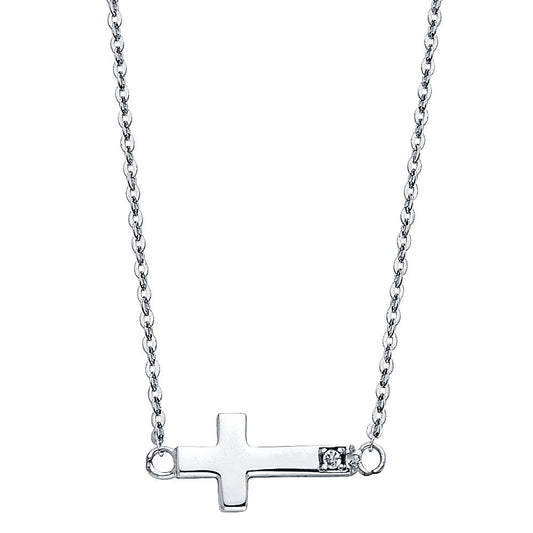 Small Sideway Simple Cross Pendant Necklace with Cubic Zirconia Accent in 14k Gold