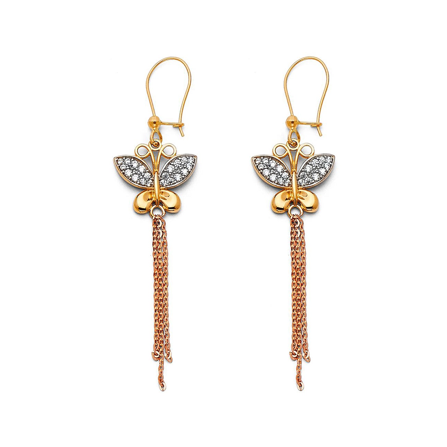 Oriental Butterfly Tassle Dangle Earrings in 14k Two Tone Gold