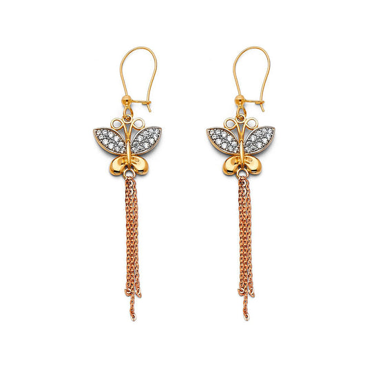 Oriental Butterfly Tassle Dangle Earrings in 14k Two Tone Gold