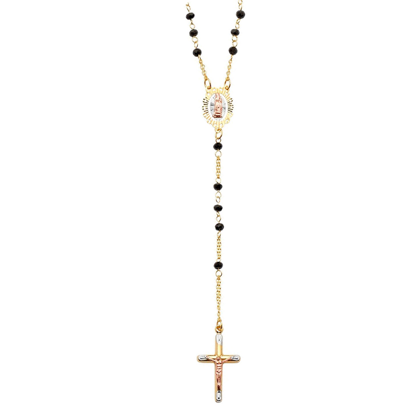 Colored Beads Catholic Rosary Necklace in 14k Three Tone Gold