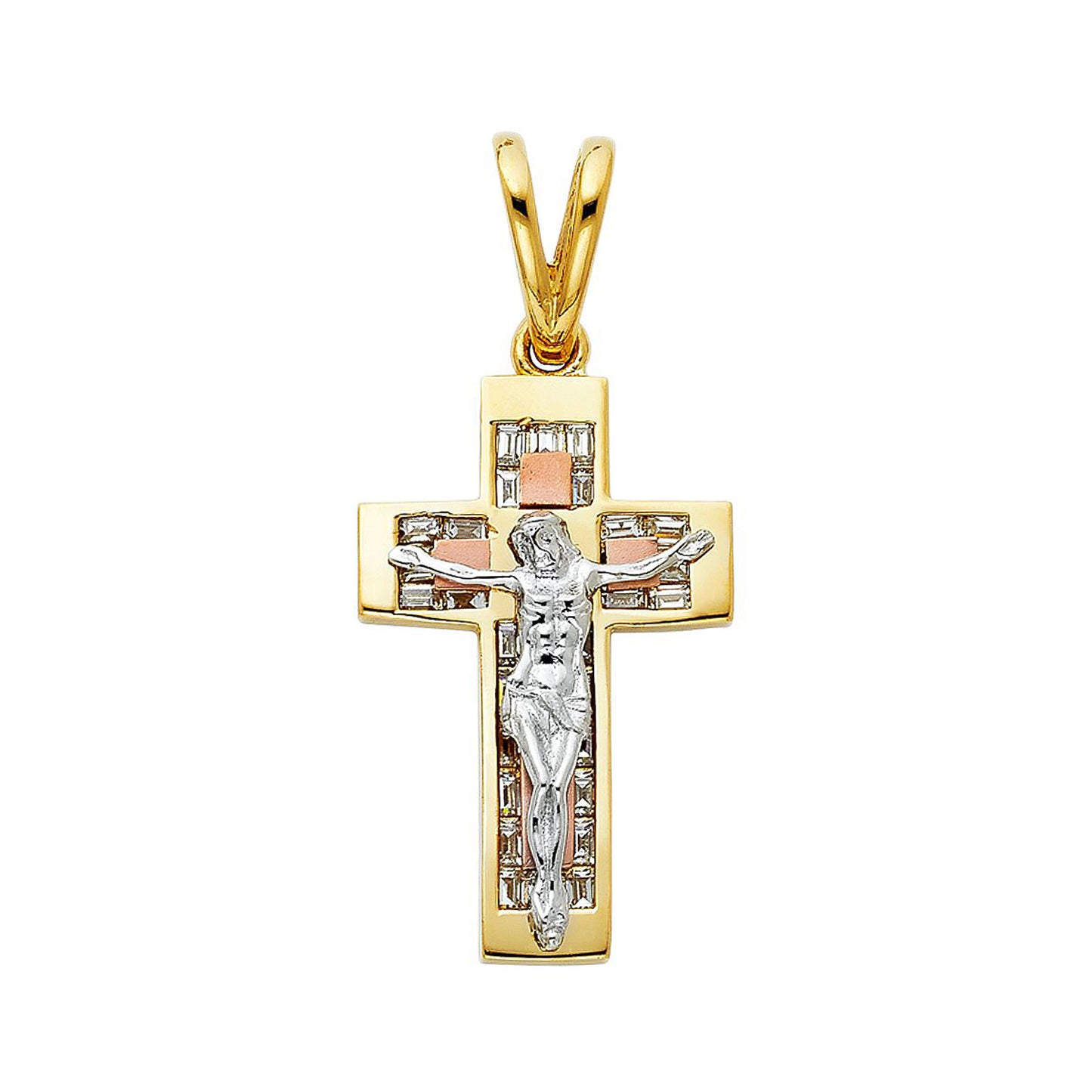 Radiant King Jesus Crucifix Cubic Zirconia Pendant in 14k Tri Color Gold